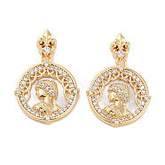 Brass Micro Pave Cubic Zirconia Pendants, with Shell, Flat Round with Women Charms, Real 18K Gold Plated, 18.5x17x3mm, Hole: 1.6mm(KK-C051-37G)