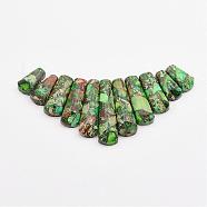 Assembled Gold Line and Imperial Jasper Beads Strands, Graduated Fan Pendants, Focal Beads, Dyed, Green, 16~39x9.5~10x5mm, Hole: 1mm, 11pcs/strand, 3.27 inch(G-P298-K02)