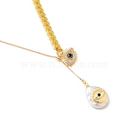 Brass Lariat Necklaces, with Cubic Zirconia and Natural Cultured Freshwater Pearl Pendants, Teardrop & Eye, Golden, 18.54 inch(47.1cm)(NJEW-JN03000)