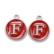 Platinum Plated Alloy Enamel Charms, Cadmium Free & Lead Free, Enamelled Sequins, Flat Round with Letter, Red, Letter.F, 14x12x2mm, Hole: 1.5mm(ENAM-S118-03F-P)