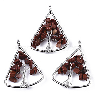 Natural Red Jasper Big Pendants, Wire Wrapped Pendants, with Brass Wires, Triangle & Tree, Platinum, 40x30.5x5~10mm, Hole: 4.5mm(G-T133-P03C)