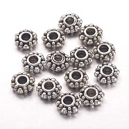 Tibetan Style Spacer Beads, Lead Free & Cadmium Free & Nickel Free, Snowflake, for Christmas, Antique Silver, about 7mm in diameter, 2mm thick, Hole: 2.5mm(X-K07X7042)