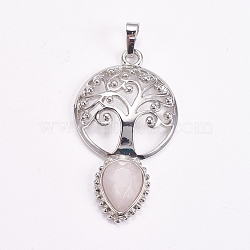Brass Pendants, Natural Rose Quartz, Faceted, Hollow Flat Round with Tree of Life and Teardrop, Platinum, 49x27x6mm(G-G743-A08)