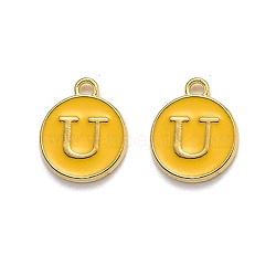 Golden Plated Alloy Enamel Charms, Enamelled Sequins, Flat Round with Alphabet, Letter.U, Yellow, 14x12x2mm, Hole: 1.5mm(X-ENAM-Q437-13U)