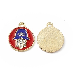 Alloy Crystal Rhinestone Pendants, with Enamel, Flat Round with Hamsa Hand/Hand of Miriam Charms, Light Gold, Red, 17x14x1.5mm, Hole: 1.6mm(FIND-C019-17KCG-02)