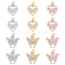 12Pcs 2 Style Brass Micro Pave Cubic Zirconia Pendants, with Jump Rings, Long-Lasting Plated, Butterfly, Mixed Color, 6pcs/style(KK-FH0002-82)