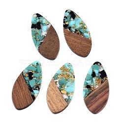 Transparent Resin and Walnut Wood Pendants, Teardrop Charms with Gold Foil, Medium Turquoise, 48.5x23.5x3.5mm, Hole: 2mm(RESI-T057-05J)