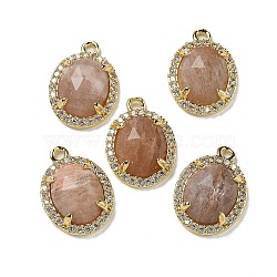 Natural Sunstone Faceted Oval Pendants, Rack Plating Brass Micro Pave Cubic Zirconia Charms, Golden, 15.5x11x4.5mm, Hole: 1.4mm(G-I375-02G-06)