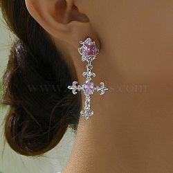 French Vintage Style Luxury Cross Brass Cubic Zirconia Stud Earrings for Women, Silver, 55x27mm(PU5958)