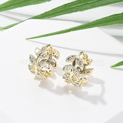 Brass Clear Cubic Zirconia Hoop Earrings, Leaf, Real 18K Gold Plated, 13x7.5mm(EJEW-Q014-01G)