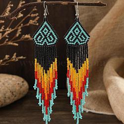 Bohemian Style Tassel Dangle Earrings, with Geometric Glass Beads Handmade, Platinum, Colorful, 140x28mm(JV4227)