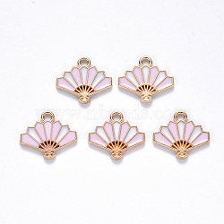 Chinese Style Alloy Enamel Pendants, Fan, Light Gold, Pink, 15x17x1.5mm, Hole: 1.6mm(X-ENAM-N054-026B)