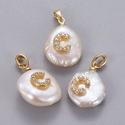 Natural Cultured Freshwater Pearl Pendants, with Brass Micro Pave Cubic Zirconia Findings, Nuggets with Letter, Long-Lasting Plated, Golden, Clear, Letter.C, 17~27x12~16x6~12mm, Hole: 4x2.5mm(KK-L187-A-01C)