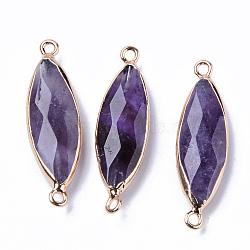 Natural Amethyst Links Connectors, with Light Gold Plated Edge Iron Loops, Rice, Faceted, 34~35x10x5.5mm, Hole: 2mm(G-R472-02I)