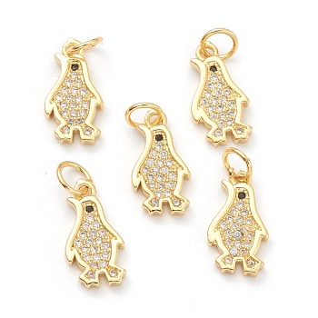 Brass Clear Cubic Zirconia Charms, Long-Lasting Plated, with Jump Ring, Penguin, Golden, 14x8x2mm, Hole: 3.5mm