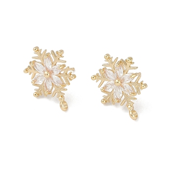 Christmas Theme Brass Micro Pave Cubic Zirconia Stud Earring Findings, with Silver Pins, Snowflake, Golden, 20x15mm, Hole: 1.8mm, Pin: 0.8mm