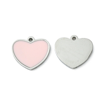 304 Stainless Steel Manual Polishing Charms, with Enamel, Heart Charm, Stainless Steel Color, 9x10x1mm, Hole: 1mm