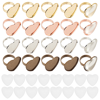 20Pcs 4 colors Adjustable Brass Finger Rings Components, Pad Ring Base Settings, Heart, with 20Pcs Transparent Glass Heart Cabochons, Mixed Color, Tray: 24x25.3mm, 2~5mm, US Size 6~11(17~21mm), 5pcs/color