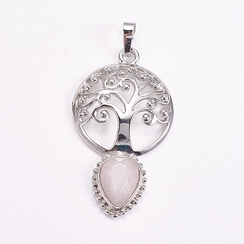 Brass Pendants, Natural Rose Quartz, Faceted, Hollow Flat Round with Tree of Life and Teardrop, Platinum, 49x27x6mm