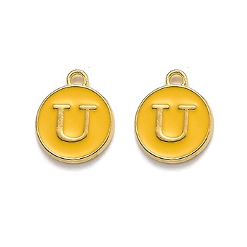 Golden Plated Alloy Enamel Charms, Enamelled Sequins, Flat Round with Alphabet, Letter.U, Yellow, 14x12x2mm, Hole: 1.5mm