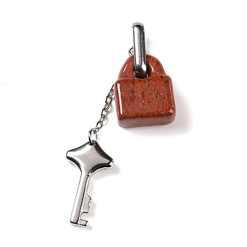 Natural Red Jasper Pendants, with Stainless Steel Color Tone 304 Stainless Steel Key & Chain, 49x12.5x7.5mm, Hole: 9.5x3.5mm, Lock: 15.5x12x6.5mm, Key: 18x10x2.5mm