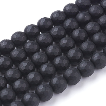 Synthetic Black Stone Beads Strands, Dyed, Faceted, Frosted, Round, Black, 8mm