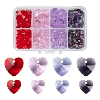 240Pcs 8 Style Romantic Valentines Ideas Glass Charms, Faceted Heart Charm, Mixed Color, 10~14x10~14x5~8mm, Hole: 1mm