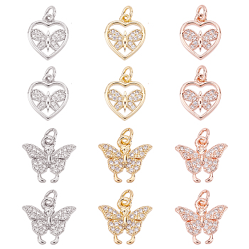 12Pcs 2 Style Brass Micro Pave Cubic Zirconia Pendants, with Jump Rings, Long-Lasting Plated, Butterfly, Mixed Color, 6pcs/style