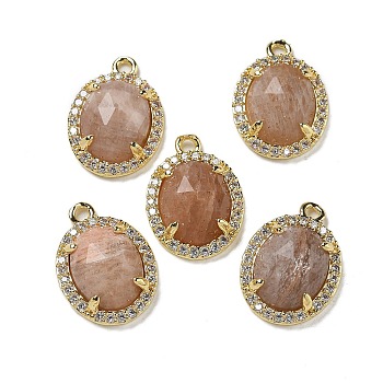 Natural Sunstone Faceted Oval Pendants, Rack Plating Brass Micro Pave Cubic Zirconia Charms, Golden, 15.5x11x4.5mm, Hole: 1.4mm