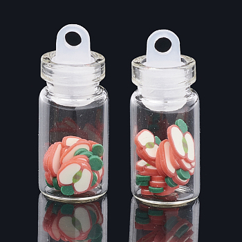 Handmade Polymer Clay Nail Art Decoration Accessories, with Glass Wishing Bottle and CCB Plastic Bottle Stopper,Apple, Creamy White, 4~8x4~8x0.1~2mm, about bottle: 27.5x11mm, hole: 3mm