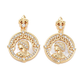 Brass Micro Pave Cubic Zirconia Pendants, with Shell, Flat Round with Women Charms, Real 18K Gold Plated, 18.5x17x3mm, Hole: 1.6mm