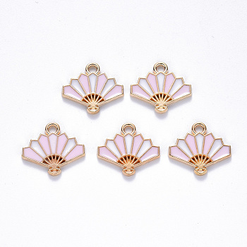 Chinese Style Alloy Enamel Pendants, Fan, Light Gold, Pink, 15x17x1.5mm, Hole: 1.6mm