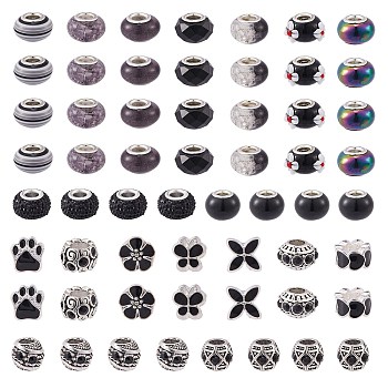Resin/Glass/Alloy/Acrylic Enamel European Beads, Large Hole Beads, Mixed Shapes, Mixed Color, Black, 54pcs/box