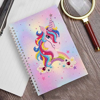 Unicorn Pattern DIY Diamond Painting Notebook Kits, Including Resin Rhinestones Bag, Diamond Sticky Pen, Tray Plate and Glue Clay, Pearl Pink, 210x140mm