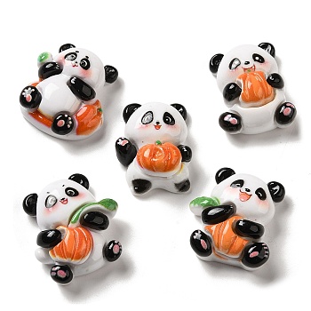 Opaque Resin Decoden Cabochons, Panda with Pumpkin, Mixed Shapes, White, 24.5x19~23x9.5~11mm