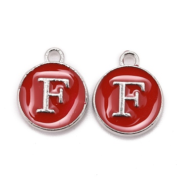 Platinum Plated Alloy Enamel Charms, Cadmium Free & Lead Free, Enamelled Sequins, Flat Round with Letter, Red, Letter.F, 14x12x2mm, Hole: 1.5mm