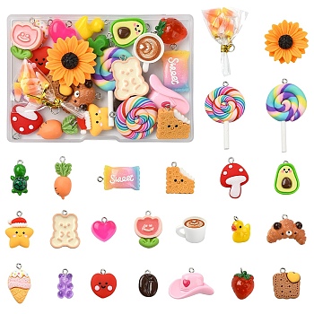 24Pcs 24 Styles Resin Pendants Sets, Mixed Shapes, Mixed Color, 16~56x12~30.5x4.5~14mm, Hole: 1.7~8mm, 1pc/style
