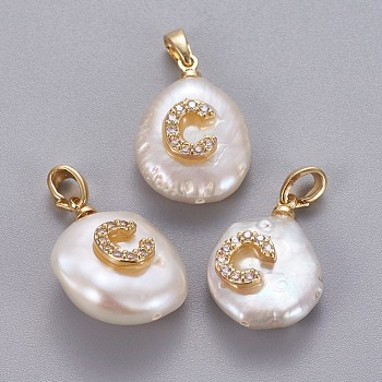 Natural Cultured Freshwater Pearl Pendants, with Brass Micro Pave Cubic Zirconia Findings, Nuggets with Letter, Long-Lasting Plated, Golden, Clear, Letter.C, 17~27x12~16x6~12mm, Hole: 4x2.5mm