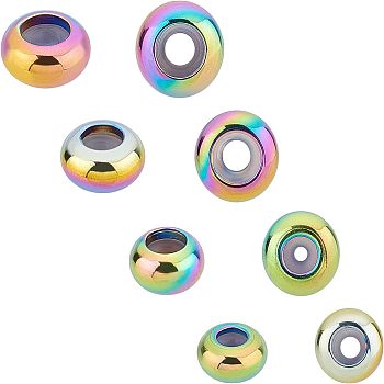 PVD Vacuum Plating 304 Stainless Steel Beads, with Plastic, Slider Beads, Stopper Beads, Rondelle, Rainbow Color, 6~9x3~4.5mm, Hole: 2.5mm, 24pcs/box