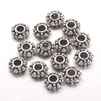 Tibetan Style Spacer Beads, Lead Free & Cadmium Free & Nickel Free, Snowflake, for Christmas, Antique Silver, about 7mm in diameter, 2mm thick, Hole: 2.5mm