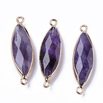 Natural Amethyst Links Connectors, with Light Gold Plated Edge Iron Loops, Rice, Faceted, 34~35x10x5.5mm, Hole: 2mm