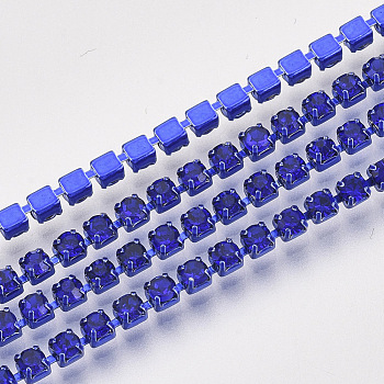 Electrophoresis Iron Rhinestone Strass Chains, Rhinestone Cup Chains, with Spool, Sapphire, SS12, 3~3.2mm, about 10yards/roll