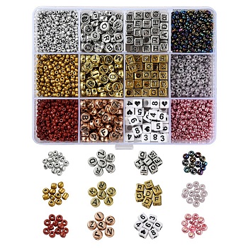 Metallic Colour Letter Beads Kit for DIY Jewelry Making Findings Kit, Including Cube & Flat Round Acrylic Beads, Glass Seed Beads, Mixed Color, about 1815pcs/box