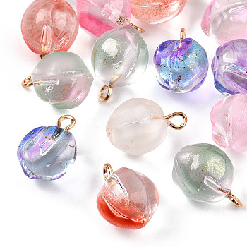 Transparent Spray Painted Glass Peach Pendants, with Golden Plated Iron Bails, Mixed Color, 16.5x12x11.5mm, Hole: 1.8mm