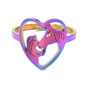 Ion Plating(IP) 304 Stainless Steel Heart with Horse Adjustable Ring for Women, Rainbow Color, US Size 6(16.5mm)