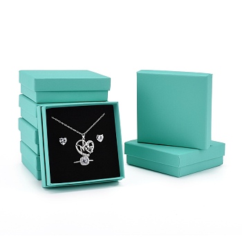 Cardboard Gift Box Jewelry Set Boxes, for Necklace, Earrings, with Black Sponge Inside, Square, Medium Turquoise, 9.1x9.2x2.9cm