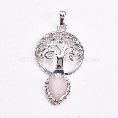 Platinum Flat Round Rose Quartz Pendants