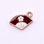Alloy Enamel Pendants, Fan with Flower, Dark Red, Golden, 13x10x1.7mm, Hole: 1.5mm(ENAM-WH0049-19G)