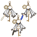 3Pcs 3 Styles Alloy & Glass Bullet Pendant Decorations, Swivel Lobster Claw Clasps and Iron Bell Ornaments, Mixed Color, 96mm, 1pc/style(KEYC-OC00003)