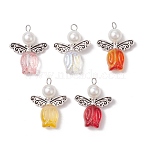 Transparent Glass Beads with Alloy Beads and ABS Plastic Imitation Pearl Round Beads and 304 Stainless Steel Flat Head Pins Pendants, Angel, Antique Silver, 28x21.5x8mm, Hole: 2.8mm(PALLOY-JF03621)